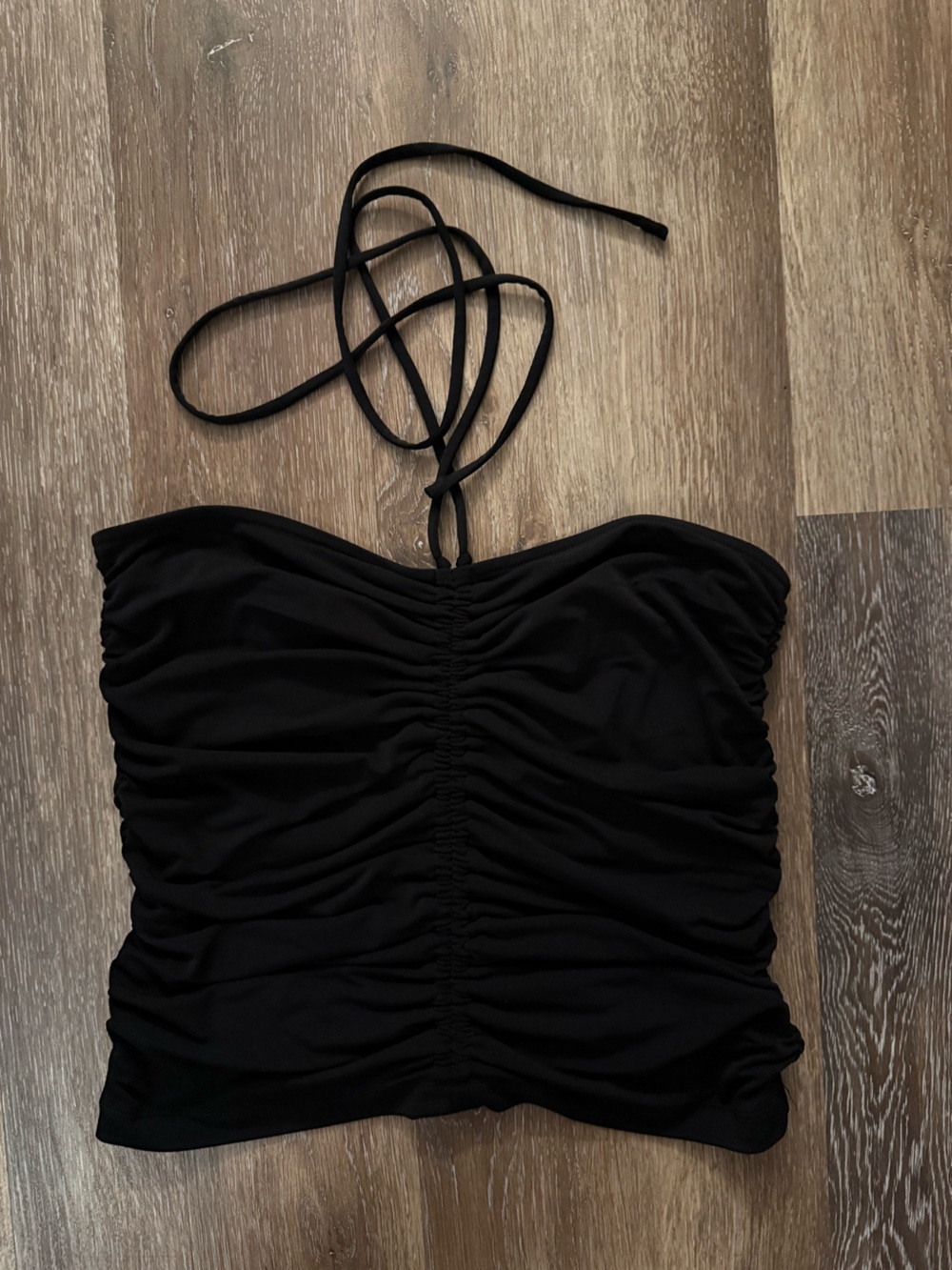 Ruched Black Halter Bodysuit Top